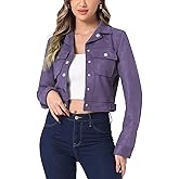 Allegra K Women's Faux Suede Jacket Button Down Collar Pockets Crop Moto Biker Coat