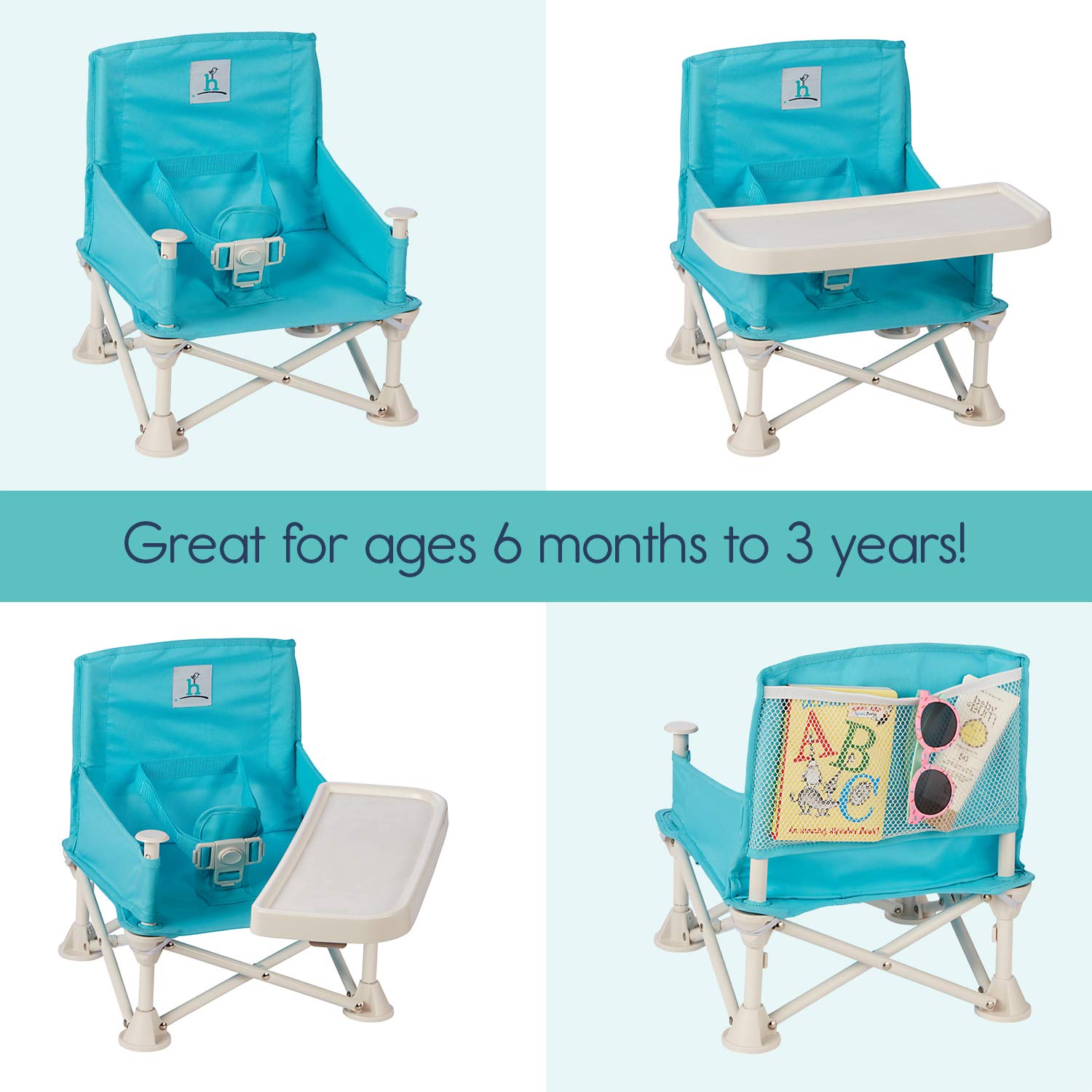 hiccapop Omniboost Travel Booster Seat with Tray for Baby | Folding Portable High Chair for Eating, Camping, Beach, Lawn, Grandma’s | Tip-Free Design Straps to Kitchen Chairs - Go-Anywhere High Chair