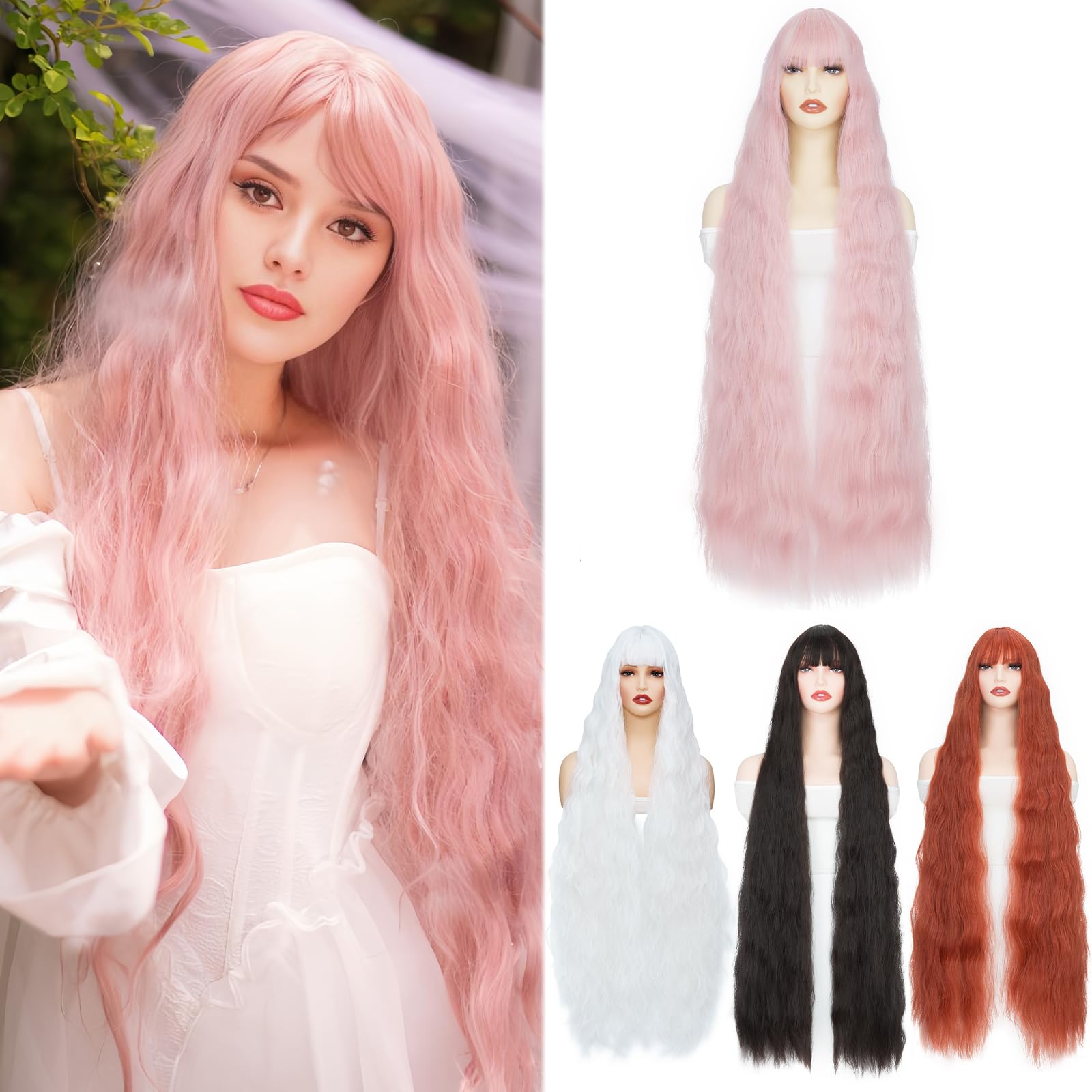 BUYOGET long Wavy Curly Light Pink Wigs for Women Halloween Cosplay Party Wig with Fringe 40"/100cm โ image 1