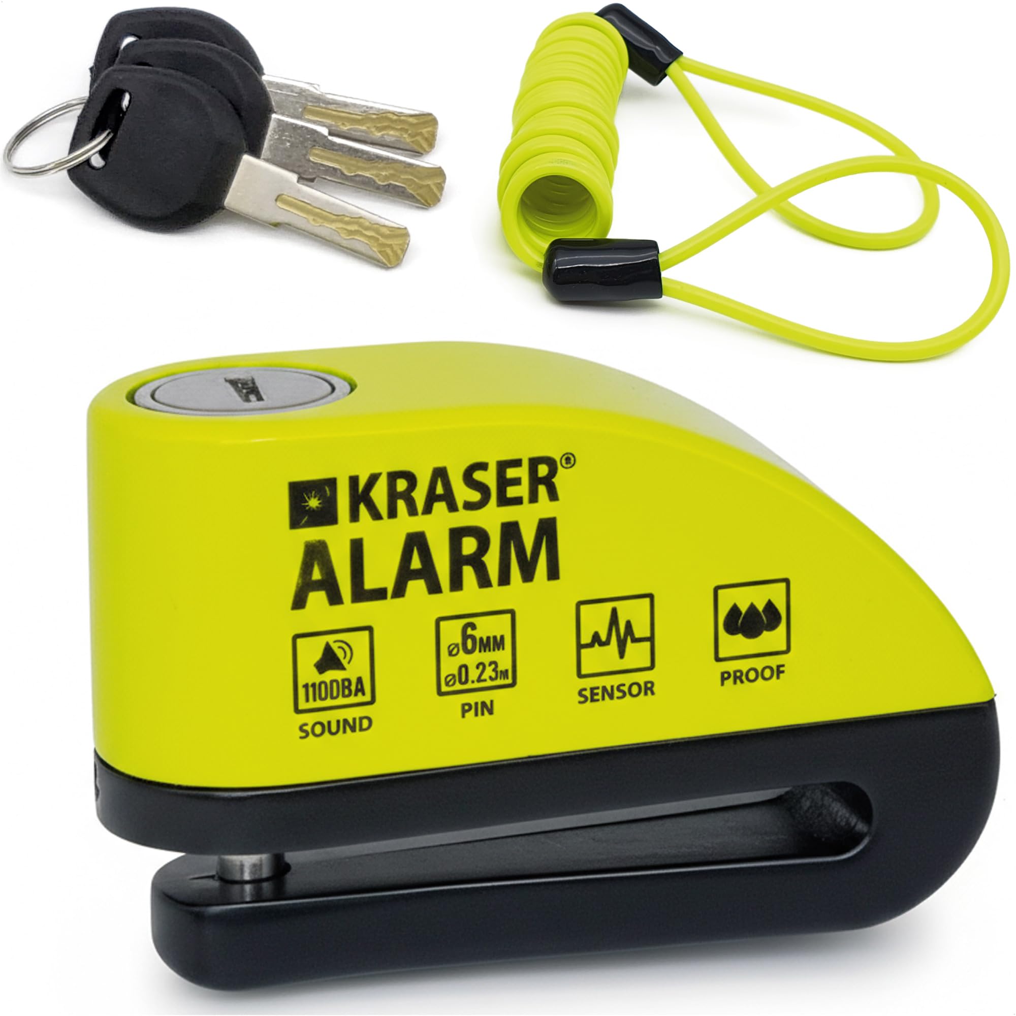 KRASER WA6Y Alarm Disc Lock, Reinforced Disc Brake Lock with 3 keys (others 2), Heavy Duty Anti-Theft Motorcycle Lock with Alarm,110dB, Weather-Resistant, Reminder Cable, Pouch, Motorbike Moped E-Bike