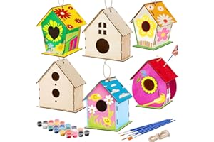 Coloch 6 Pack DIY Birdhouse Kits, Wooden Arts and Crafts for Kids to Build and Paint (Includes Paints and Brushes), Painting 