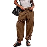 Aimiray Women's High Waisted Wide Leg Linen Pants Elastic Drawstring Casual Flowy Barrel Pants with Pockets