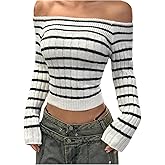 Floerns Women's Striped Long Sleeve Fall Sweater Off The Shoulder Knitted Going Out Tops
