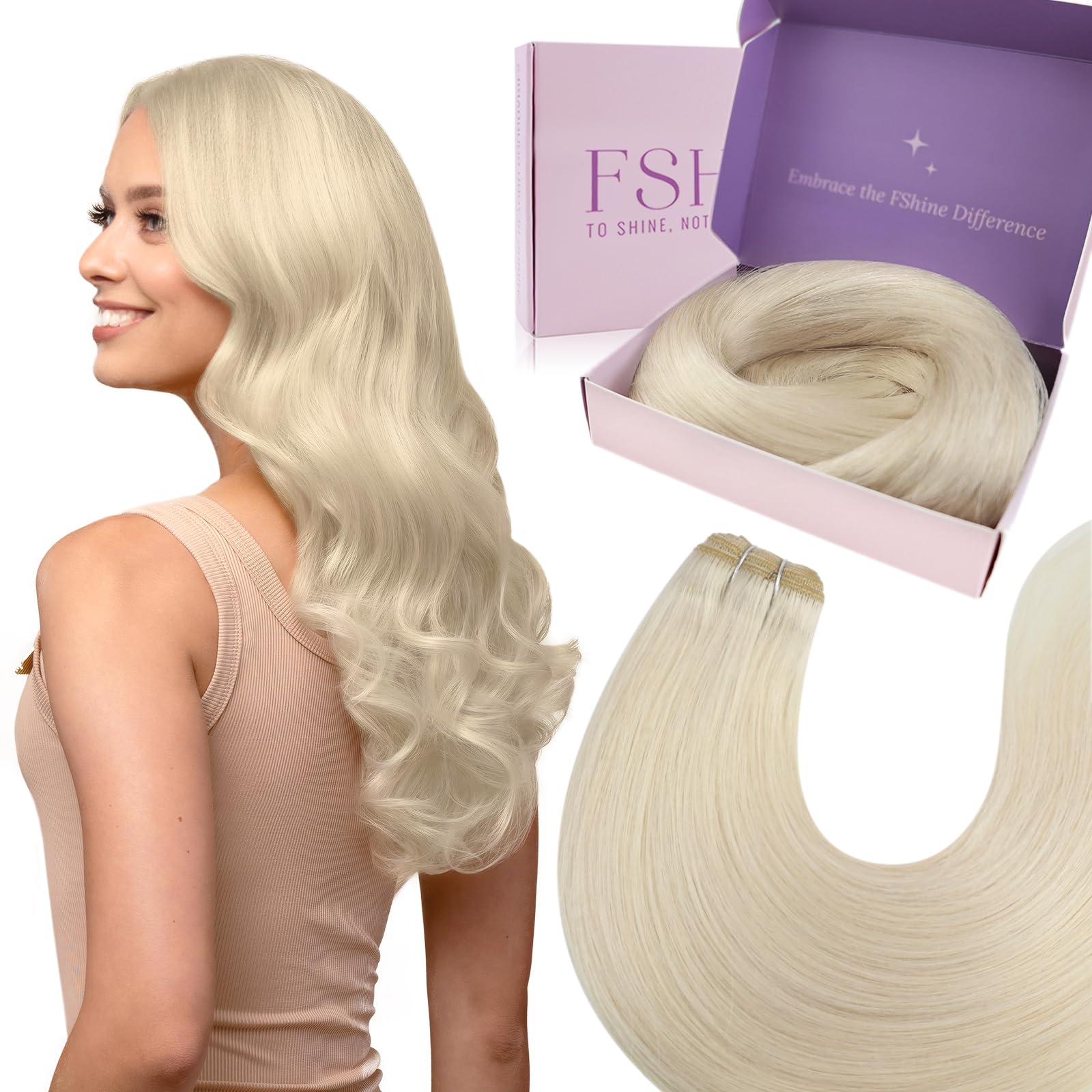 Fshine Sew in Hair Weft Extensions,22 Inch 100 g,Straight Remy Hair Extensions,Color 1000 White Blonde,Long Lasting,Handcrafted for Salon Quality,Quick to Install for women
