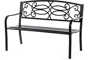 Gardenised QI003772 Steel Outdoor Patio Garden Park Seating Cast Iron Scrollwork Backrest, Front Porch Yard Bench Lawn Decor, Large, Black