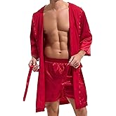AMY COULEE Mens Silk Robe with Shorts 2 Pcs Satin Boxers Hooded Bathrobe Sexy Pajama Set Half sleeve Sleepwear