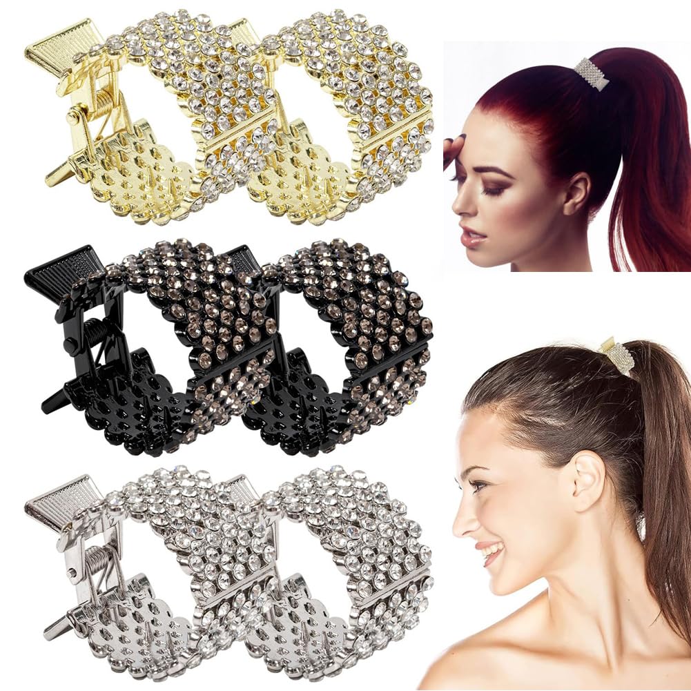 MEZHEN Women's Hair Clips, Metal Ponytail Holder, High Ponytail Rhinestone Hair Clips, Holder, Hair Cuff, Non-Slip, Thick, Thin Hair, Pack of 6
