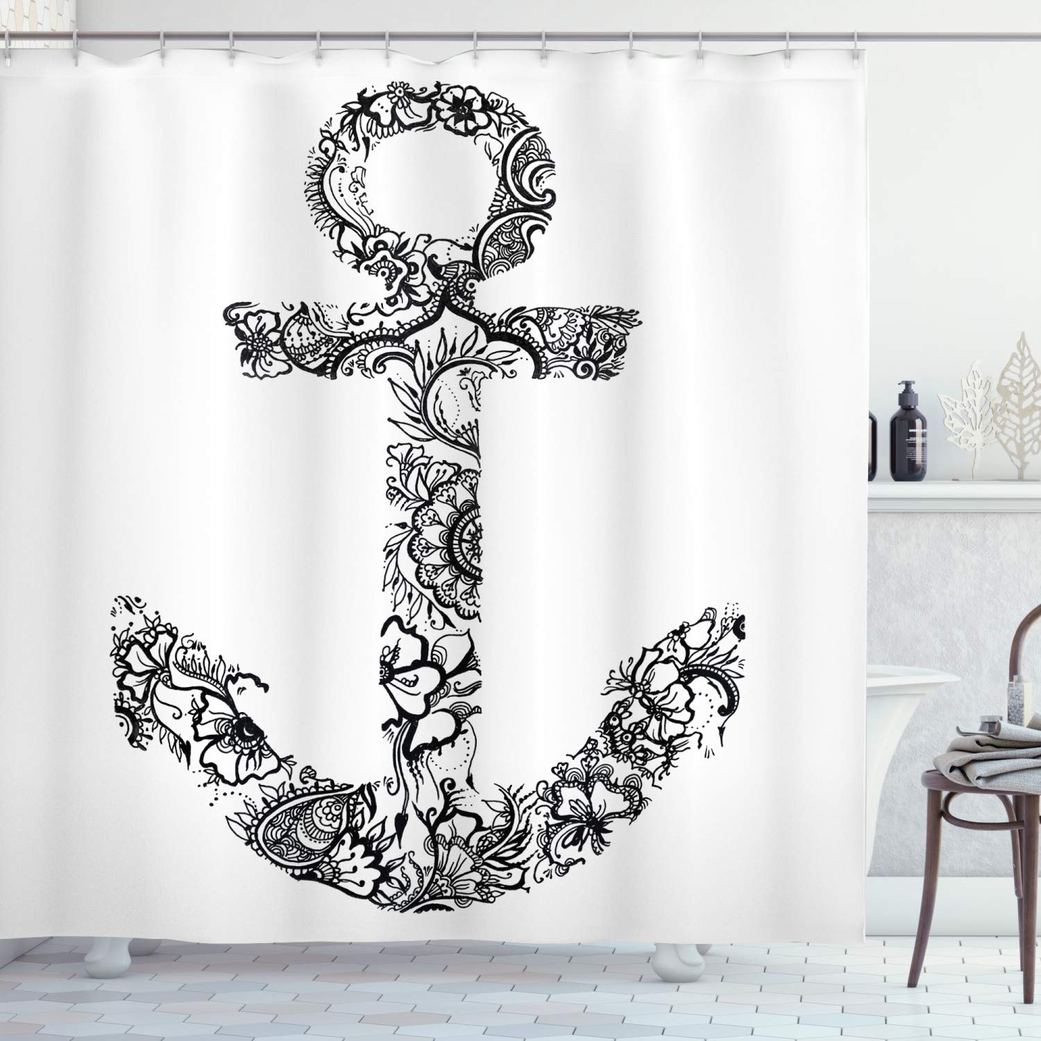 ABAKUHAUS Anchor Shower Curtain, Anchor Shape Flower Floral Ornamental Silhouette Vacation Old Times Happiness Print, Cloth Fabric Bathroom Decor Set with Hooks, 70 Inches, Black White