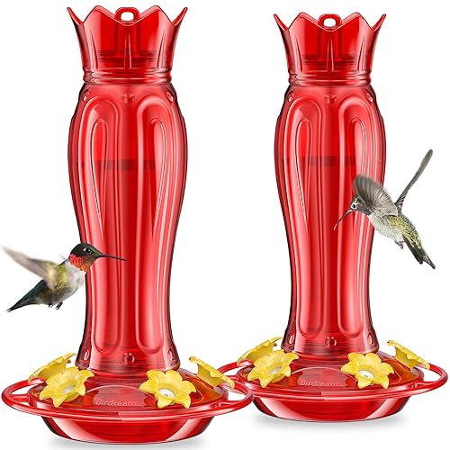 Birdream 2 Pack Hummingbird Feeders 15oz Plastic Ant Moat, Hanging Hummingbird Feeders Easy to Clean and Maintain, Gift for Bird Lover, Solid Red