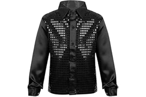 Yruioon Kids Boys Sparkle Sequins Long Sleeve Button Down Shirt Latin Jazz Dance Stage Performance Costume