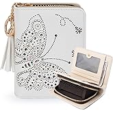KITEVIUN Women RFID Blocking Small Bifold Wallet, Compact Cash Clutch with Zipper Coin Pocket, Glittery Butterfly Design, Credit Card Holder, Travel Purse with Tassel WHITE