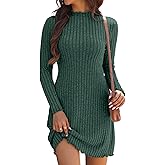 Oakgarden Women's Knit Long Sleeve Sweater Dress Lettuce Trim Mock Neck Tunic Dress Fall Winter Casual Trendy Outfits