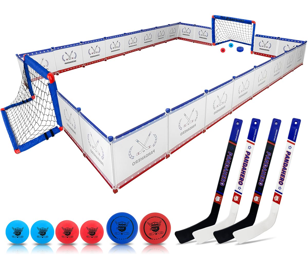 Photo 1 of Pandahero Knee Hockey Rink Set,Christmas Stocking Stuffers Hockey Gifts for Kids,Full Hockey Rink Set with 2 Hockey Net 4 Hockey Sticks 6 Hockey Balls