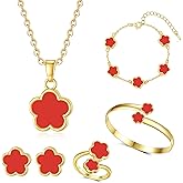 Clover Jewelry Set for Women Non Tarnish Gold-Tone Five Leaf Clover Necklace, Earrings, Ring, Bracelet Fashion Simple Floral Jewelry Set