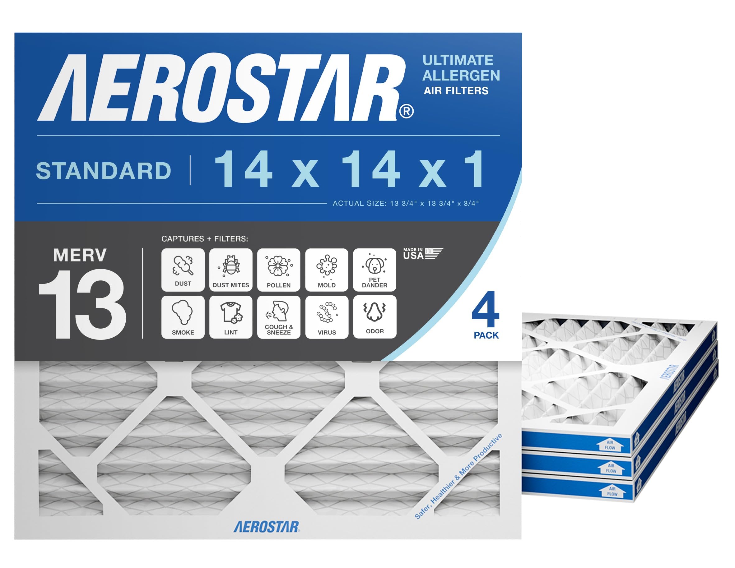Aerostar 14x14x1 MERV 13 Air Filter, 4 Pack Set of HVAC Furnace Filters, Electrostatic MPR 1500-1900 & FPR 10 (Actual Size: 13 3/4 x 13 3/4 x 3/4 inches) Image