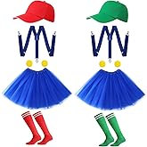 HooLing 2 Set Halloween Cosplay Costume for Women Twins Blue Tutu Skirt Suspenders Red & Green Stockings Baseball Cap Yellow Brooch for Adult Halloween Cosplay