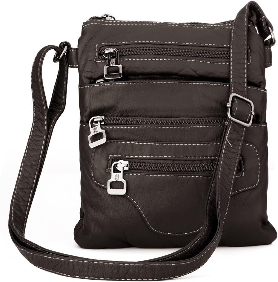 Multi-Pocket Leather Crossbody Bag Messenger Bag Over Shoulder Purse for Women Men