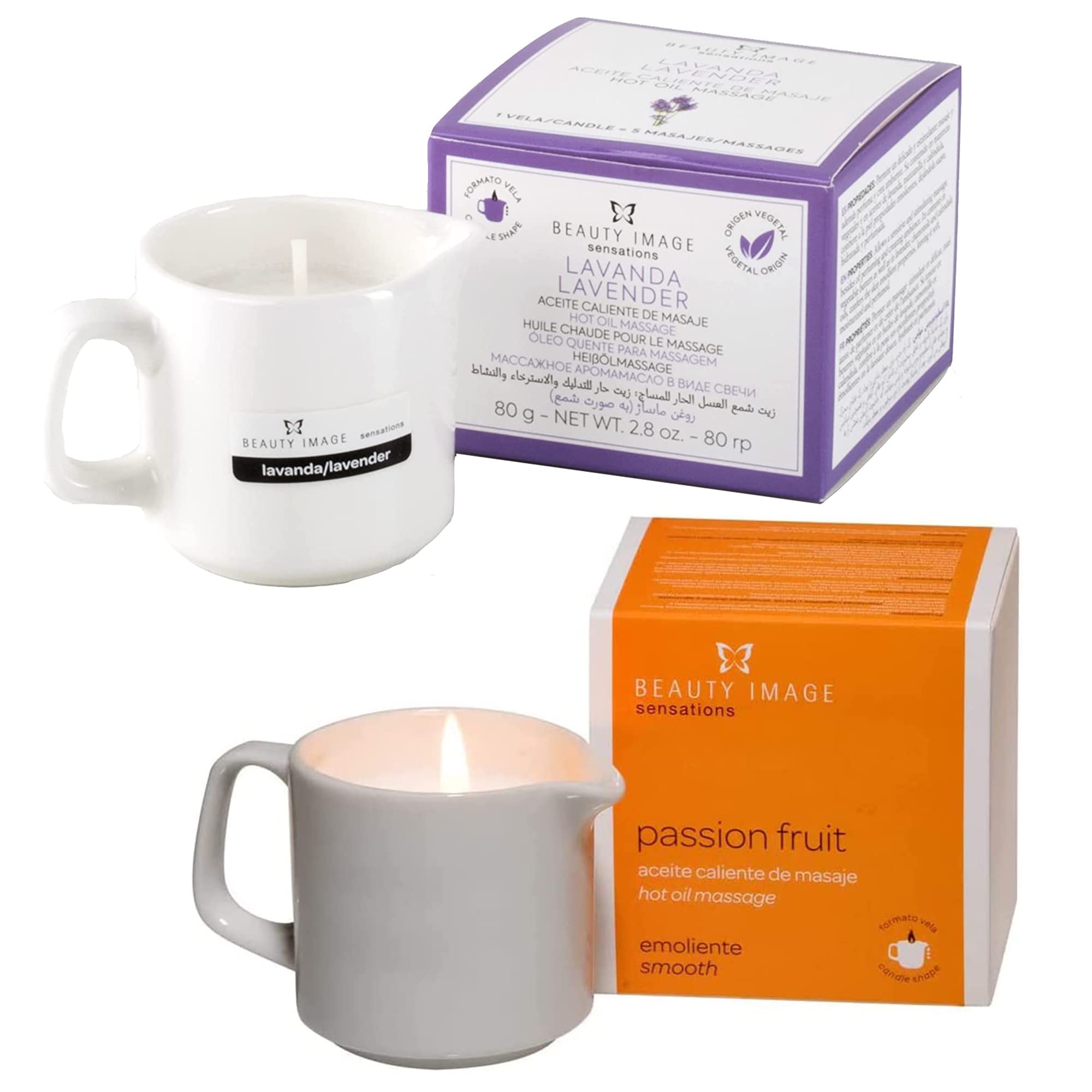 BEAUTY IMAGE Pack of 2 Large Massage Candles - Passion Fruit - Lavender [80g for 4 to 5 Full Body Massages Per Candle] Hot Oil for Professional Massage