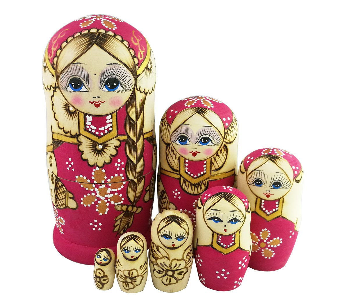 Winterworm Set 7 Pcs Long Braids Girl Pink Matryoshka Dolls Babushka Doll Traditional Russian Nesting Dolls Wooden Stacking Toy Kids Gift