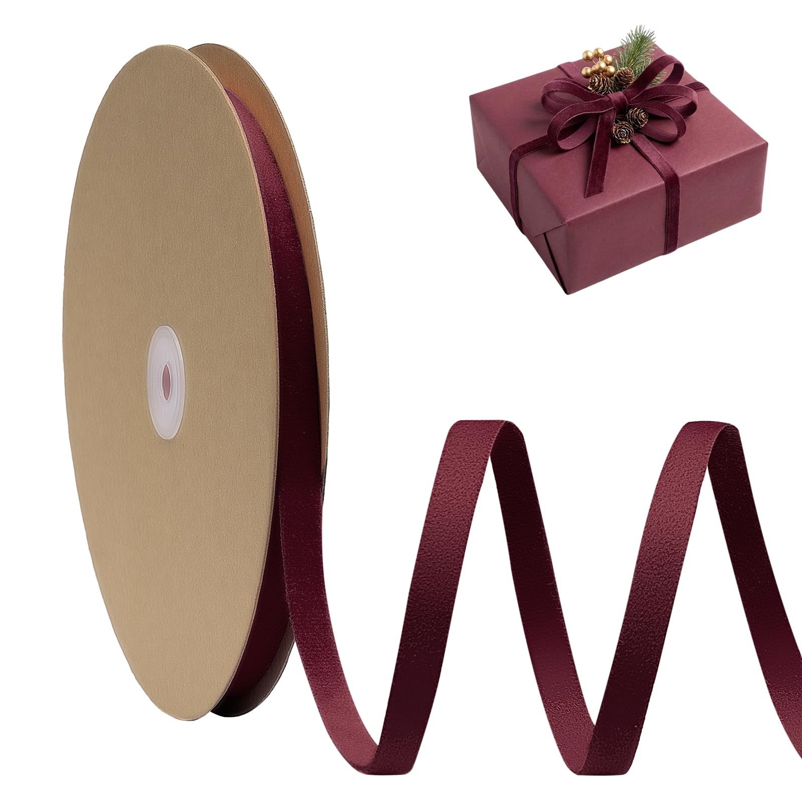 FAKILO Wine Red Velvet Ribbon Double Faced 10mm x 27m(30 Yards) Wine Red Vintage Velvet Christmas Ribbon for Christmas Tree Crafts Wreath Gift Wrapping Bow Making and Wedding Decoration