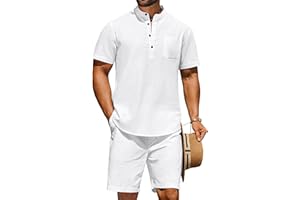 COOFANDY Men's 2 Piece Cotton Linen Sets Summer Beach Outfits Casual Short Sleeve Henley Shirts and Vacation Shorts