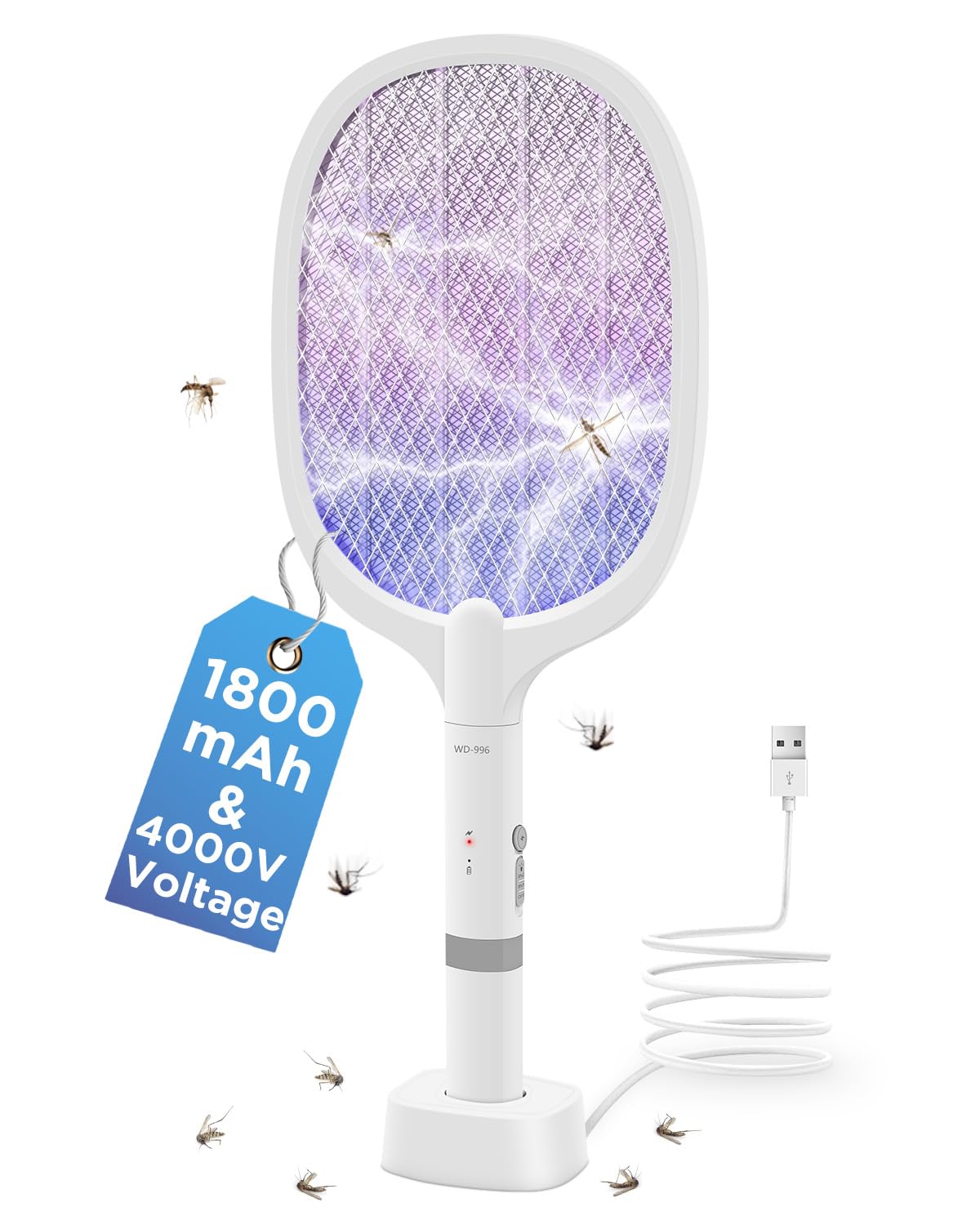 AOKKR Fly Zapper, Electric Insect Killer 1800mAh Rechargeable Bug Zapper Racket 4000V with LED Attractant Light, Handheld & Stand-Up Insect Zapper for Indoor & Outdoor, Camping, XXL Size – 1 Pack