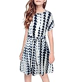 GORLYA Girl's Short Sleeve Tie Waist Casual Swing Midi T-Shirt Dress with Pockets for 4-14T Kids