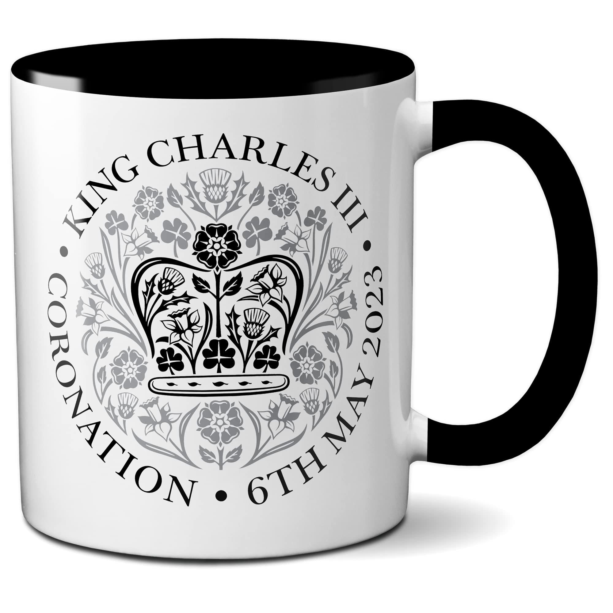 Faithful Prints Kings Coronation Mug 2023 Official Emblem Mug King Charles III Commemorative Souvenir Gift His Majesty The King Royal Memorabilia Gifts Coronation Memorabilia (Black) — image 1