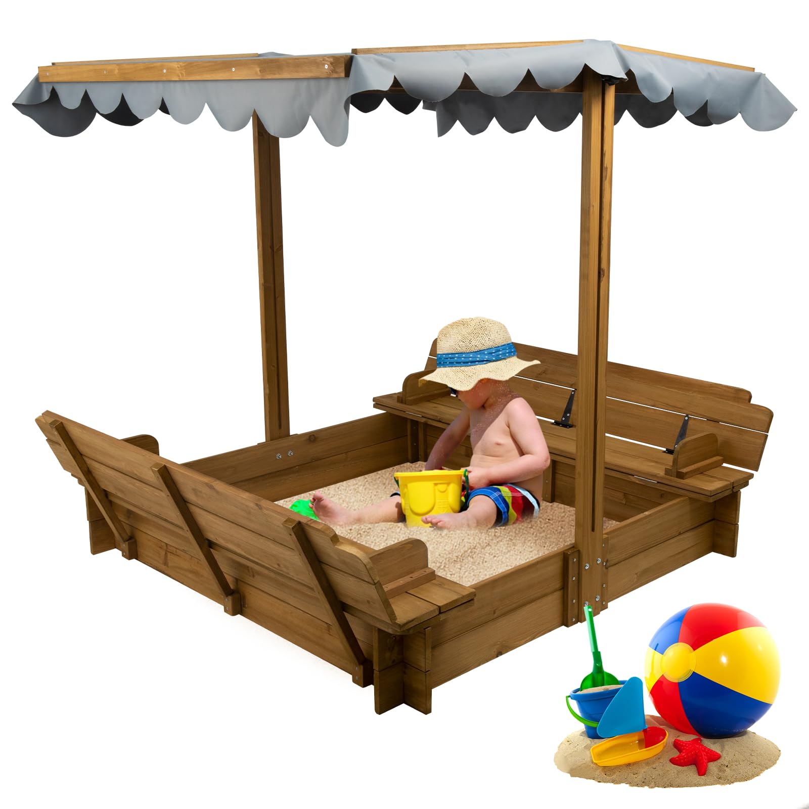 PetsCosset Wooden Sandbox with Lid, Kids Sandbox with Cover Outdoor, with 2 Foldable Bench Seats for Backyard (47x47in), UV-Resistant & Adjustable Height Roof, Gift for Ages 2-8