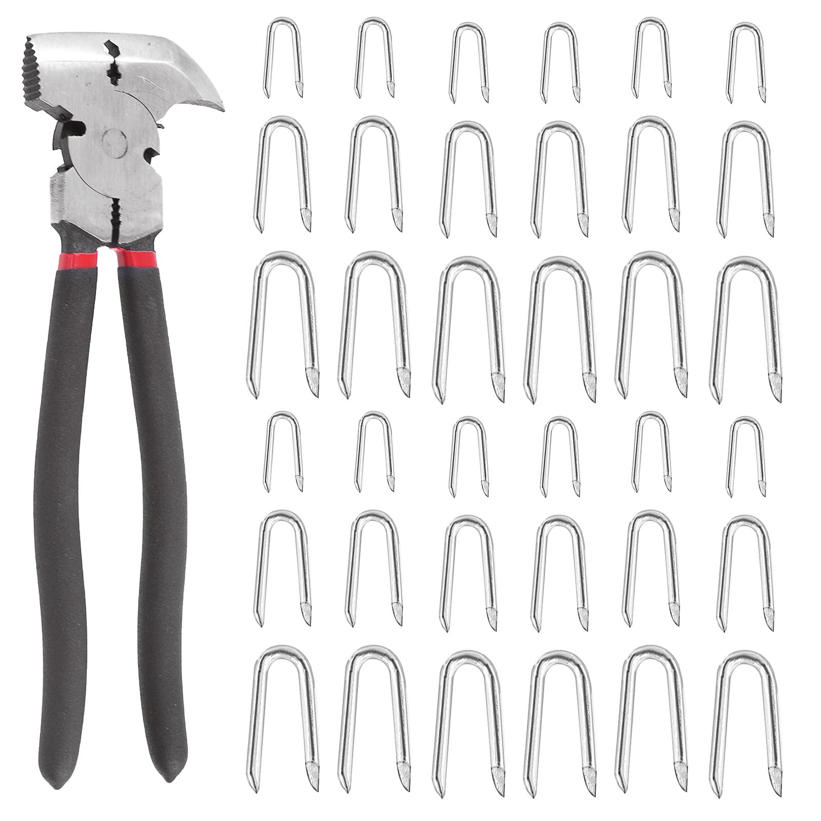 Glarks 151Pcs 3 Sizes Fence Staples with Fencing Pliers Set, Silver Steel Wire Fence Staples U Shaped Nails U Staples for Woven Fencing and Wire Mesh