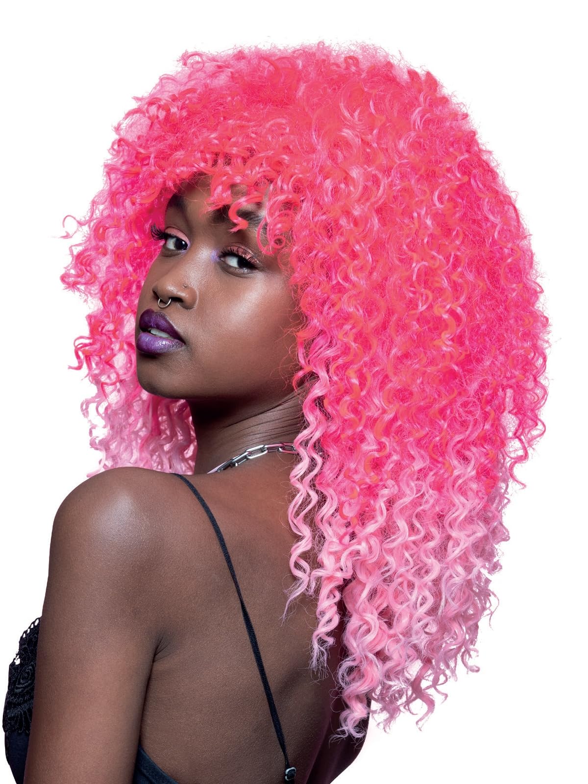 Smiffys Official Manic Panic® Pink Passion™ Ombre Curl Girl™ Wig, Midlength Tight Curls Wig, Heat Styleable with Adjustable Cap in Pink Ombre Colours. Flowing Curls for a captivating appearance
