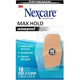 Nexcare Max Hold Waterproof Bandages, Comfortable, Low-Profile Film Fits Close To The Skin, Knee & Elbow, 2.38 x 3.5 in, 18,
