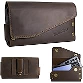 TarbicGear Leather Double Phone Case for Two Phones, Double Phone Holster for Men Belt, Belt Clip Dual Phone Pouch for iPhone 16 Pro Max, Samsung Galaxy S23 Ultra, for Work, Construction, Large Brown