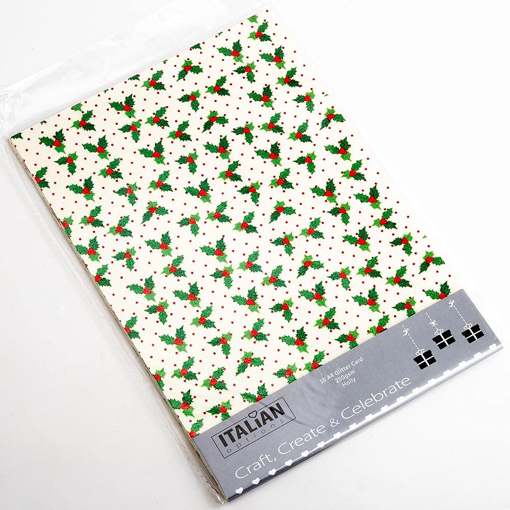 Italian Options Non-Shed Glitter Cardstock Paper, Sturdy Glitter Card for Electronic Die-Cutter Machines, Christmas Crafts and Card Making Supplies, 10 Coloured Sheets, A4, 250gsm, Holly