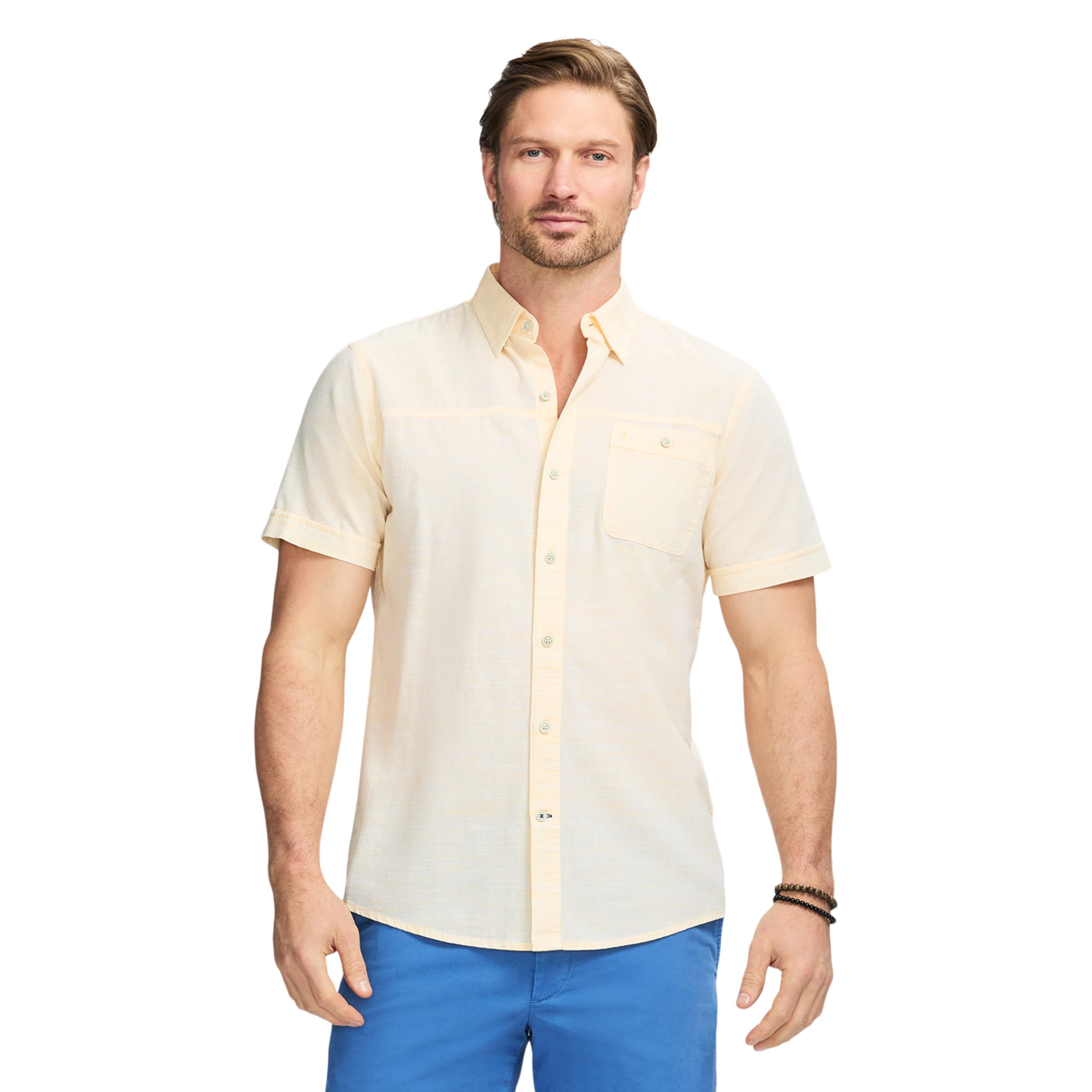 IZOD Men’s Saltwater Dockside Chambray Short Sleeve Button Down Shirt, Banana Cream