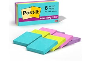 Post-it Super Sticky Notes,2x2 in, 8 Pads, 2X The Sticking Power, Miami Collection, Neon Colors (Orange, Pink, Blue, Green), 
