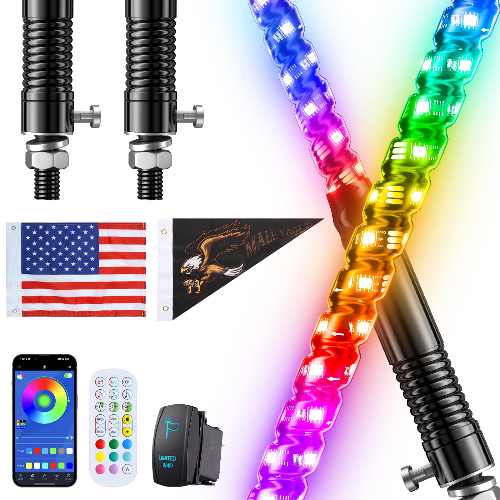 Photo 1 of 2 PCS 4FT Whip Lights with Spring Base, APP & Remote Control Led Whip Lights for Side by Side, Spiral RGB Chasing Lighted Whips with Rocker Switch, Music Led Whips for UTV ATV RZR SXS Can-Am