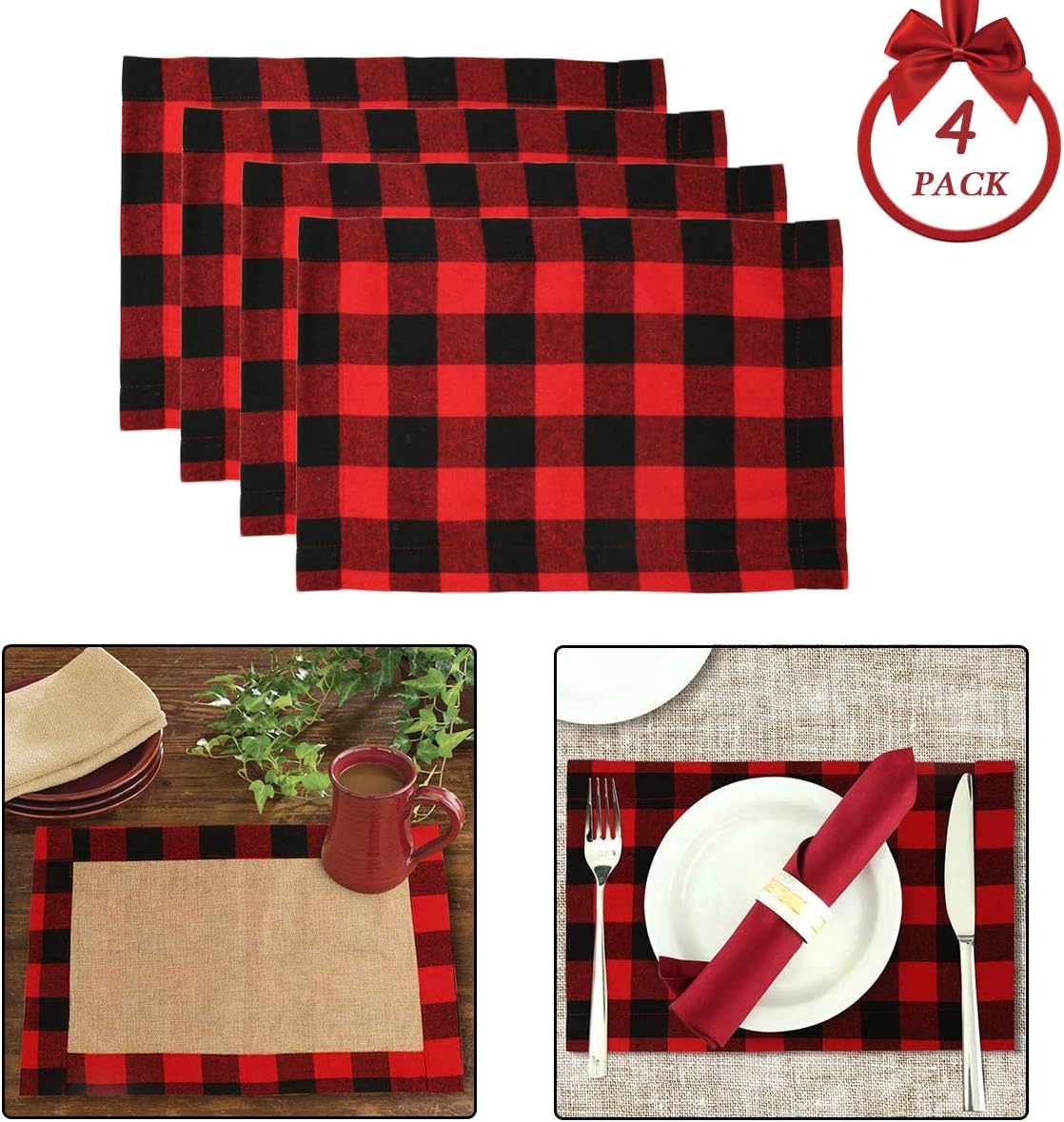 Red and Black Buffalo Plaid Placemats Machine Washable Heat Resistant Place Mats for Kitchen Table Dinning Room