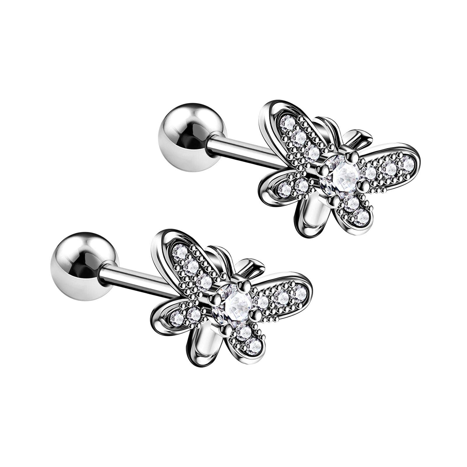 2PCS Surgical Steel Micro Butterfly Clear Crystal Ear Stud 16g 1/4 6mm Tragus Cartilage Helix Earring Piercing Jewellery 5685