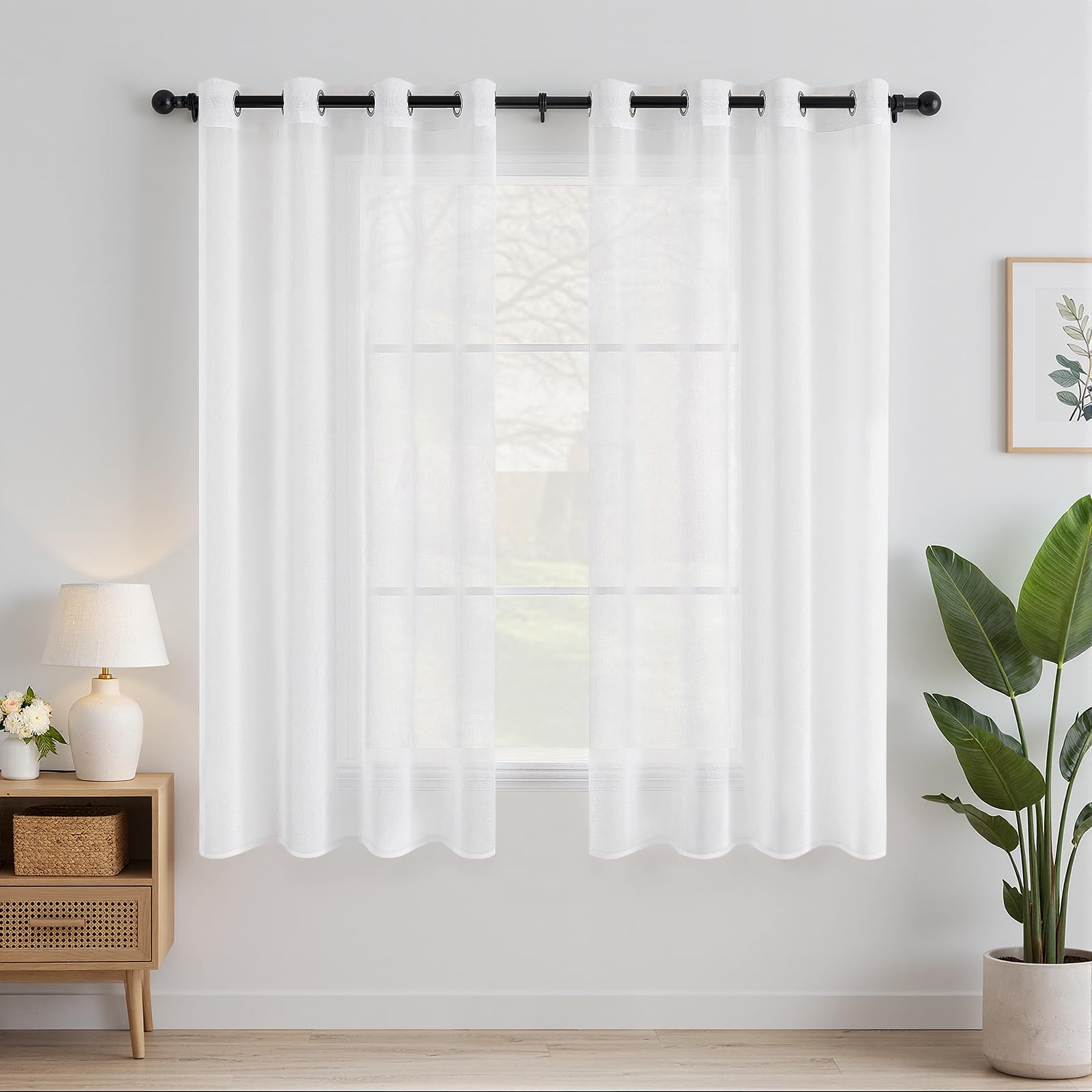 EMEMA Set of 2 Sheer Voile Curtains with Eyelets Transparent Voile Polyester Eyelet Curtain Transparent Living Room Airy Decorative Curtain for Bedroom 140 x 160 cm (W x H) White