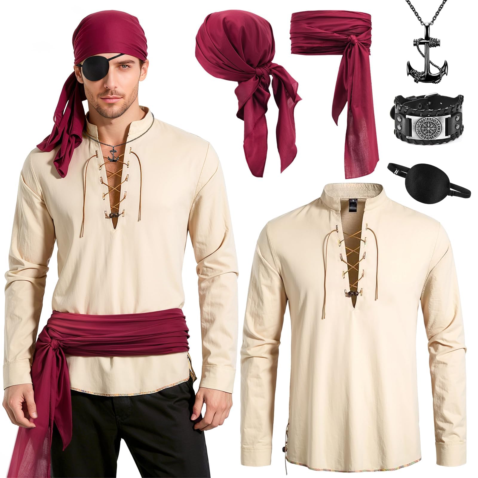 Dazzroi 6Pcs Men Pirate Costume Accessories Kit โ Medieval Shirt, Bandana, Belt, Eye Patch, Bracelet & Anchor Necklace for Cosplay Parties Dress Up Day