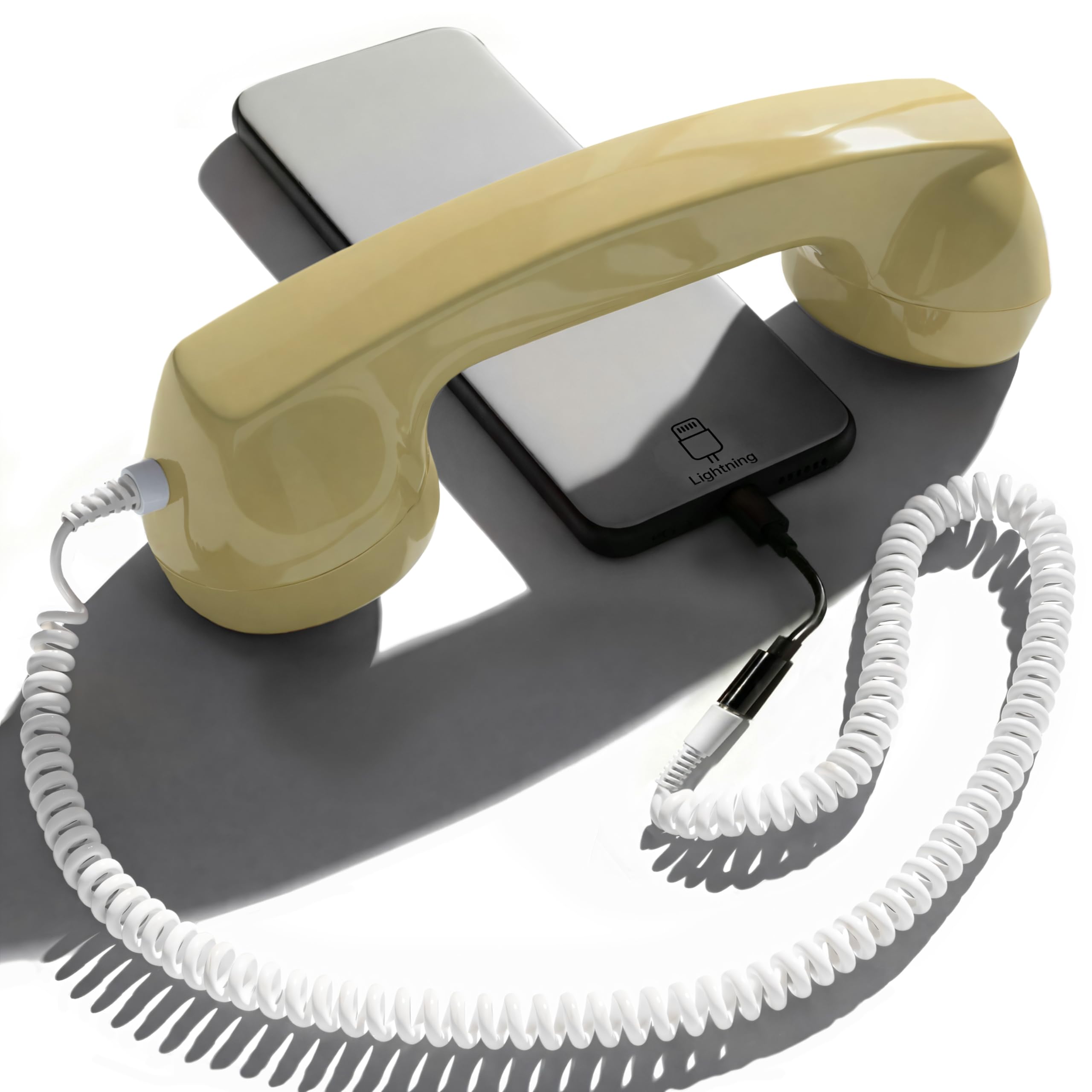 Opis Technology 60s Micro Retro Telephone Handset for Mobile Phones & Smartphones – Lightning Edition for iPhone (7–14), Corded Phone Receiver with 3.5 mm Plug & Lightning Adapter (Cream)
