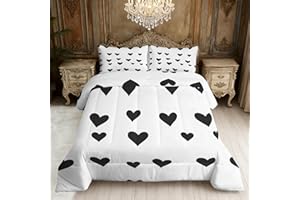 Black White Heart Comforter King Size, Cute Love Romantic Reversible Bedding Set 3 Piece, 2 Pillowcases, Black White Heart Be