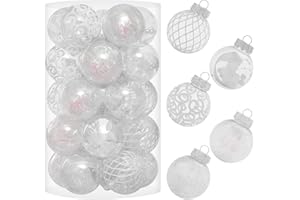 SY SUPER BANG 60MM/2.36" Clear Christmas Ornaments Set, 25PCS Shatterproof Decorative Hanging Ball Ornament with Stuffed Delicate Decorations, Xmas Tree Balls for Holiday Party Decor- White.