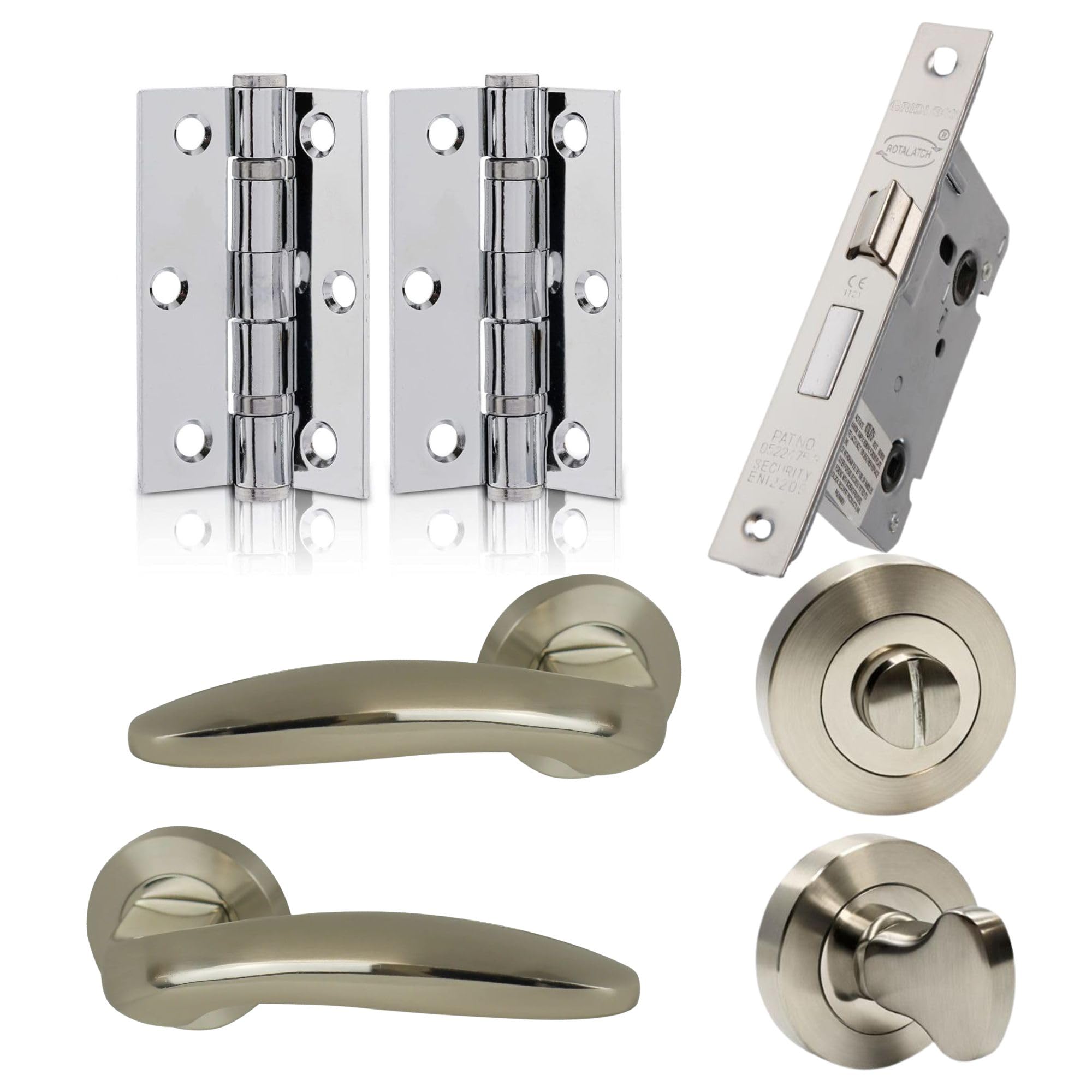UAP Internal Door Handle Set with Lock – Complete Door Pack with Hinges, Thumb Turn & Fixings – Privacy Turn & Release (Lancer, Polished Nickel)