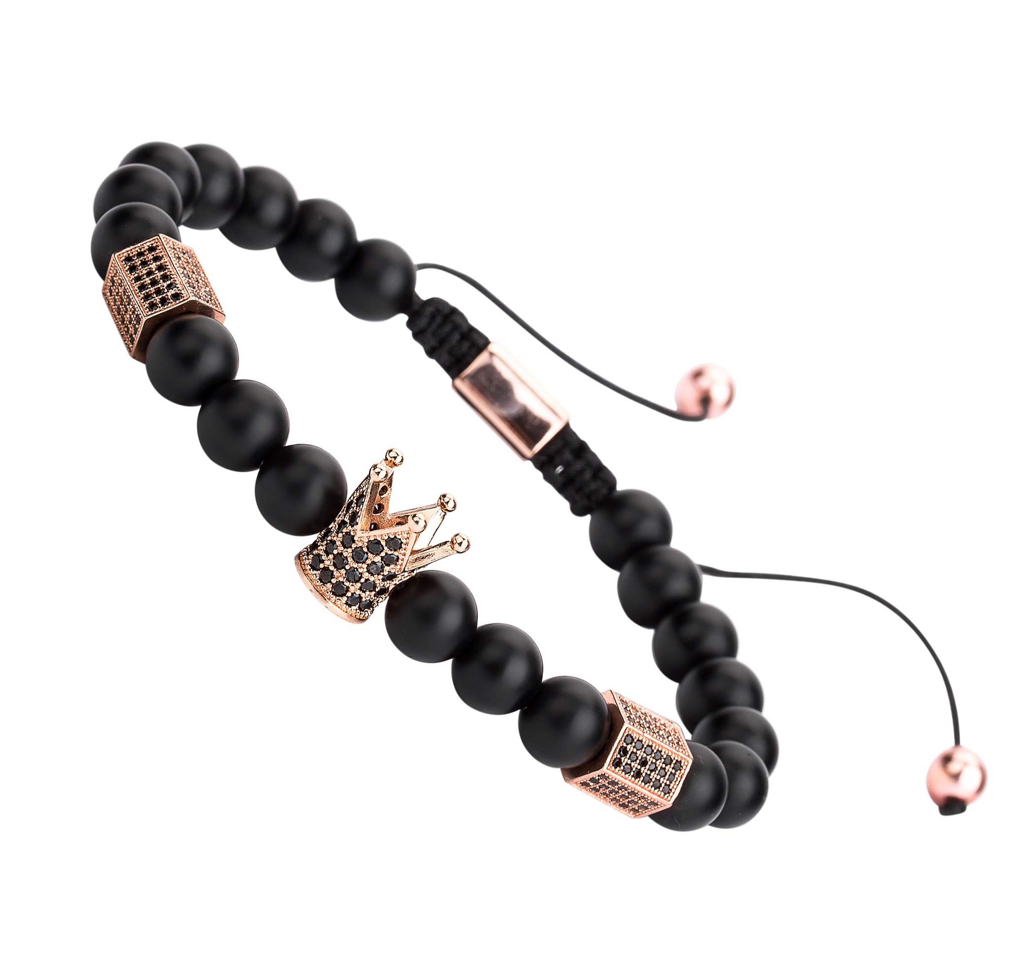 Joya Gift 8mm Black Matte Onyx Beads Rose Gold King Crown Braided Bracelet for Men with CZ Charm