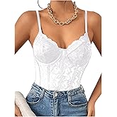 Milumia Women's Sexy Sheer Mesh Lace Bodysuit Spaghetti Strap Bustier Corset Tops Rave Party Club