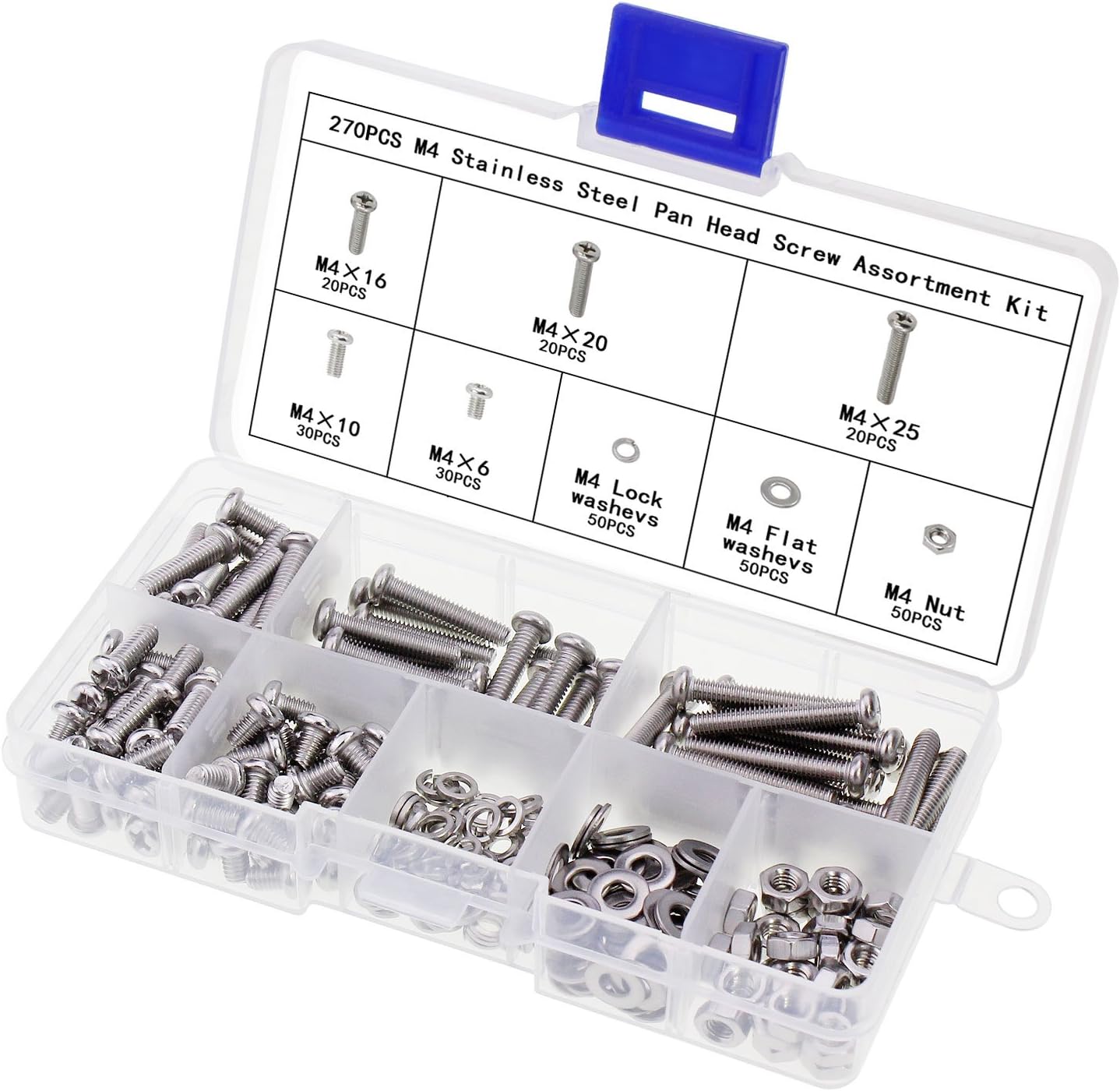 AuSL Stainless Steel M4 Screw Nuts Pan Head Screw Bolts Nuts Assortment with Lock Flat Washers 270PCS(M4 Pan Head Screw-270pcs)