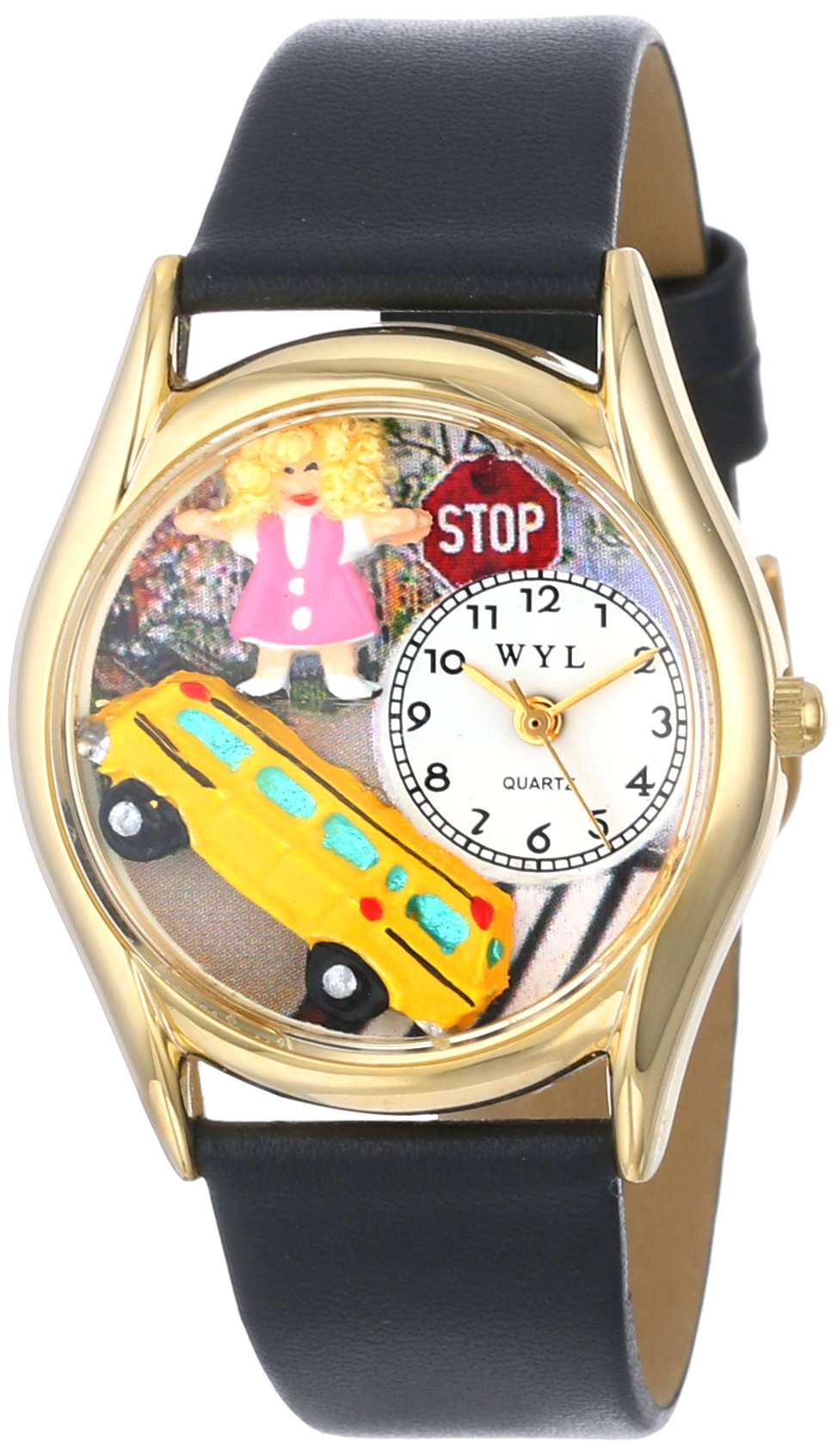 Whimsical Watches School Bus Driver Black Leather and Goldtone Unisex Quartz Watch with White Dial Analogue Display and Multicolour Leather Strap C-0640012