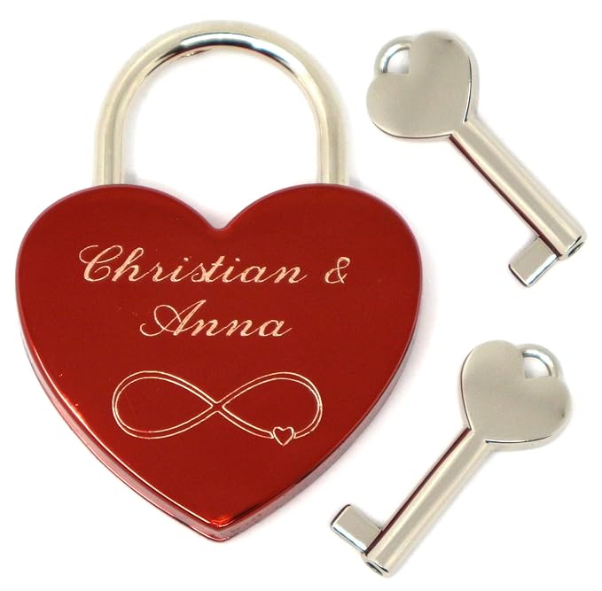 Rotes Liebesschloss mit Gravur auf Vorderseite und Rückseite 2 Schlüssel Herzschloss, Blitzversand
